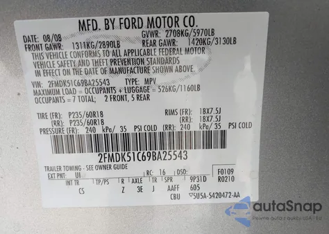 2009 Ford Flex Se из США, поврежденный, VIN 2FMDK51C69BA25543
